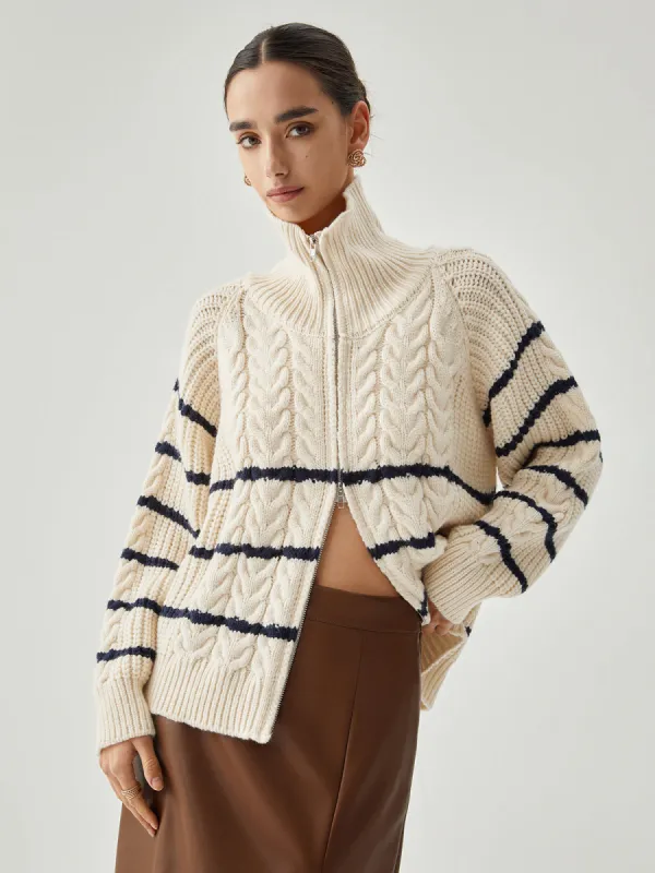 Stand Collar Cable Knit Stripe Cardigan sold by COMMENSE