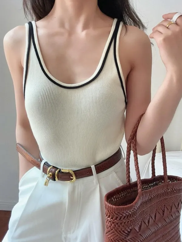 Knitted Crew Collar Contrast Vest sold by COMMENSE