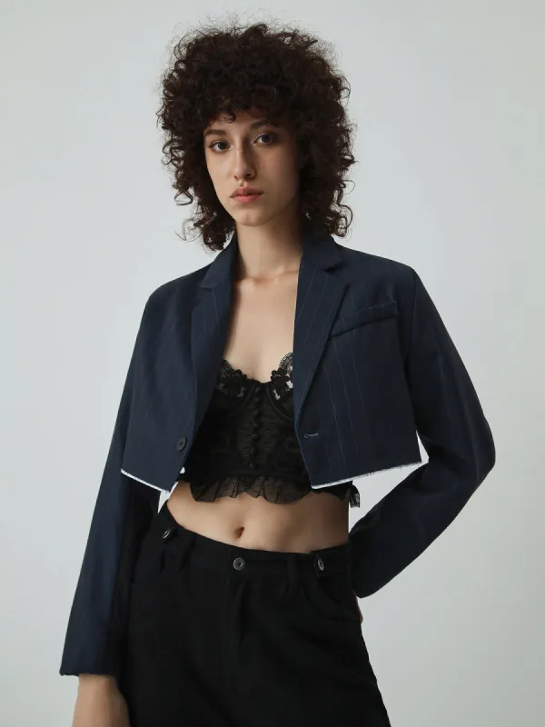 Double Lined Pinstripe Raw Hem Crop Blazer sold by COMMENSE