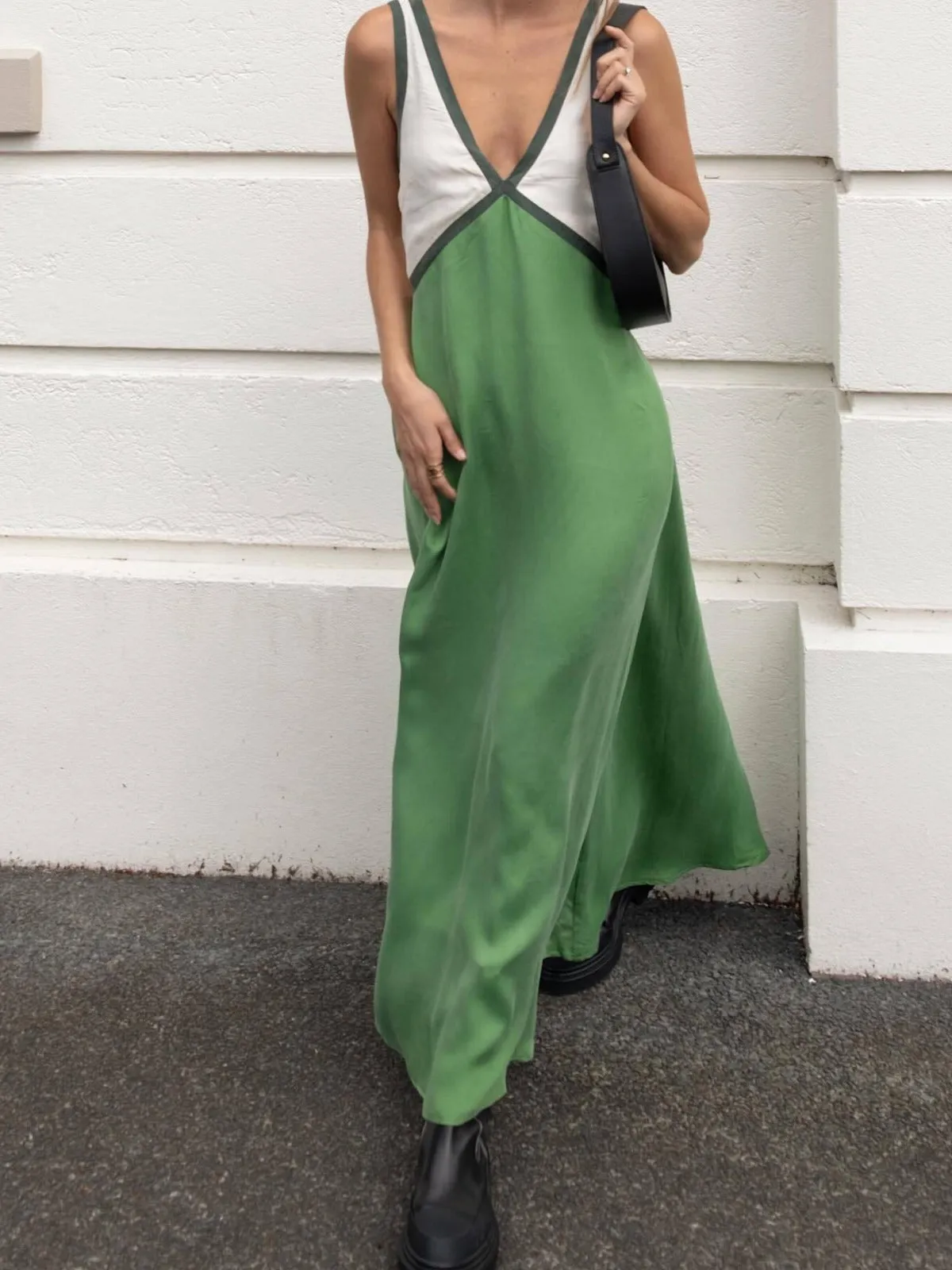 Satin Contrast Trim Long Dress sold by COMMENSE product image thumbnail 2