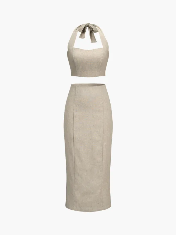 Halter Linen Two Piece Skirt Set sold by COMMENSE