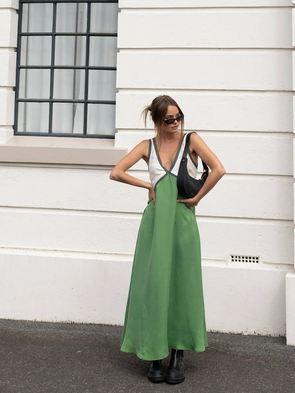 Satin Contrast Trim Long Dress sold by COMMENSE product image thumbnail 3