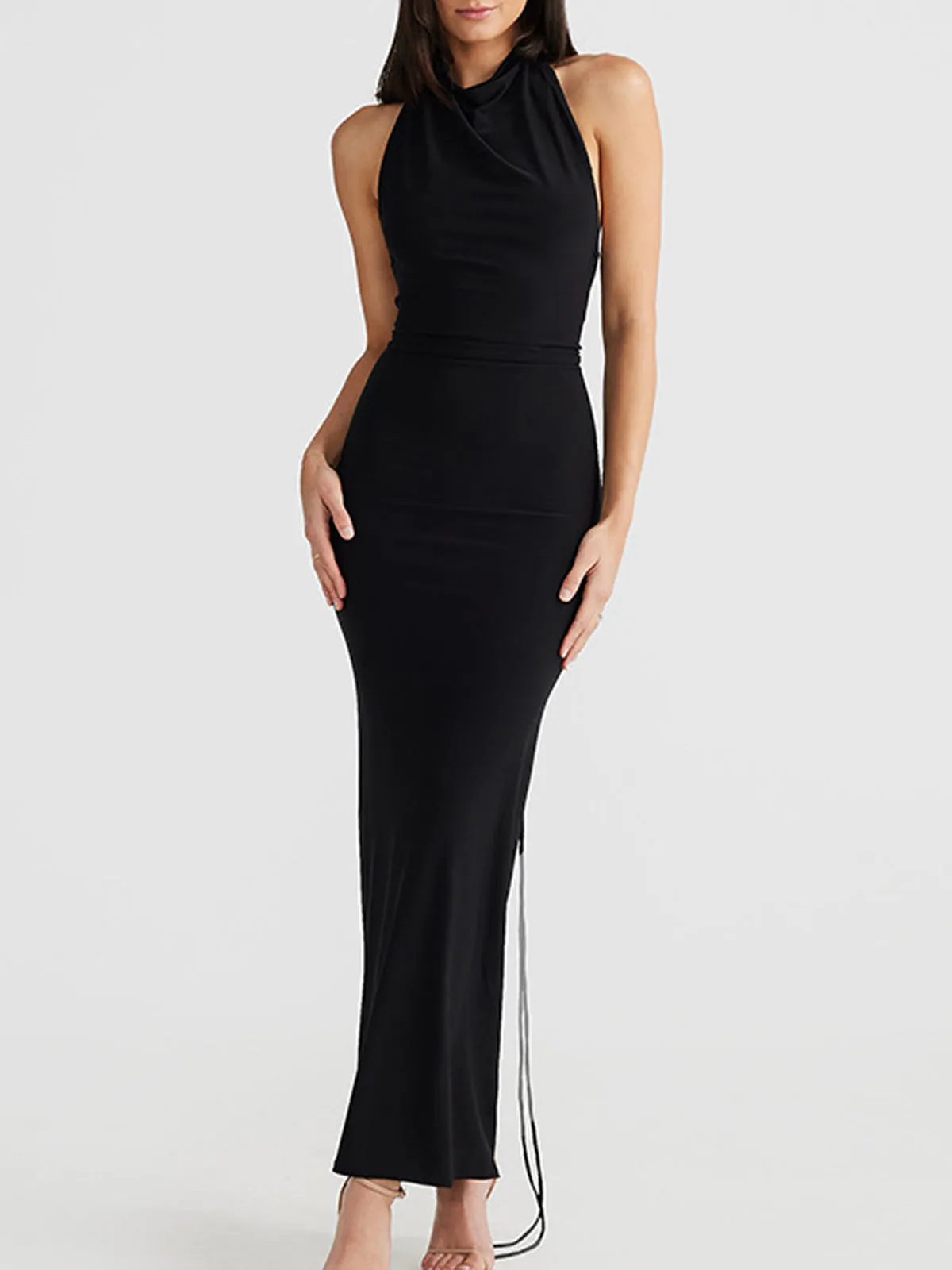 Backless Knotted Split Long Knit Dress sold by COMMENSE product image thumbnail 3