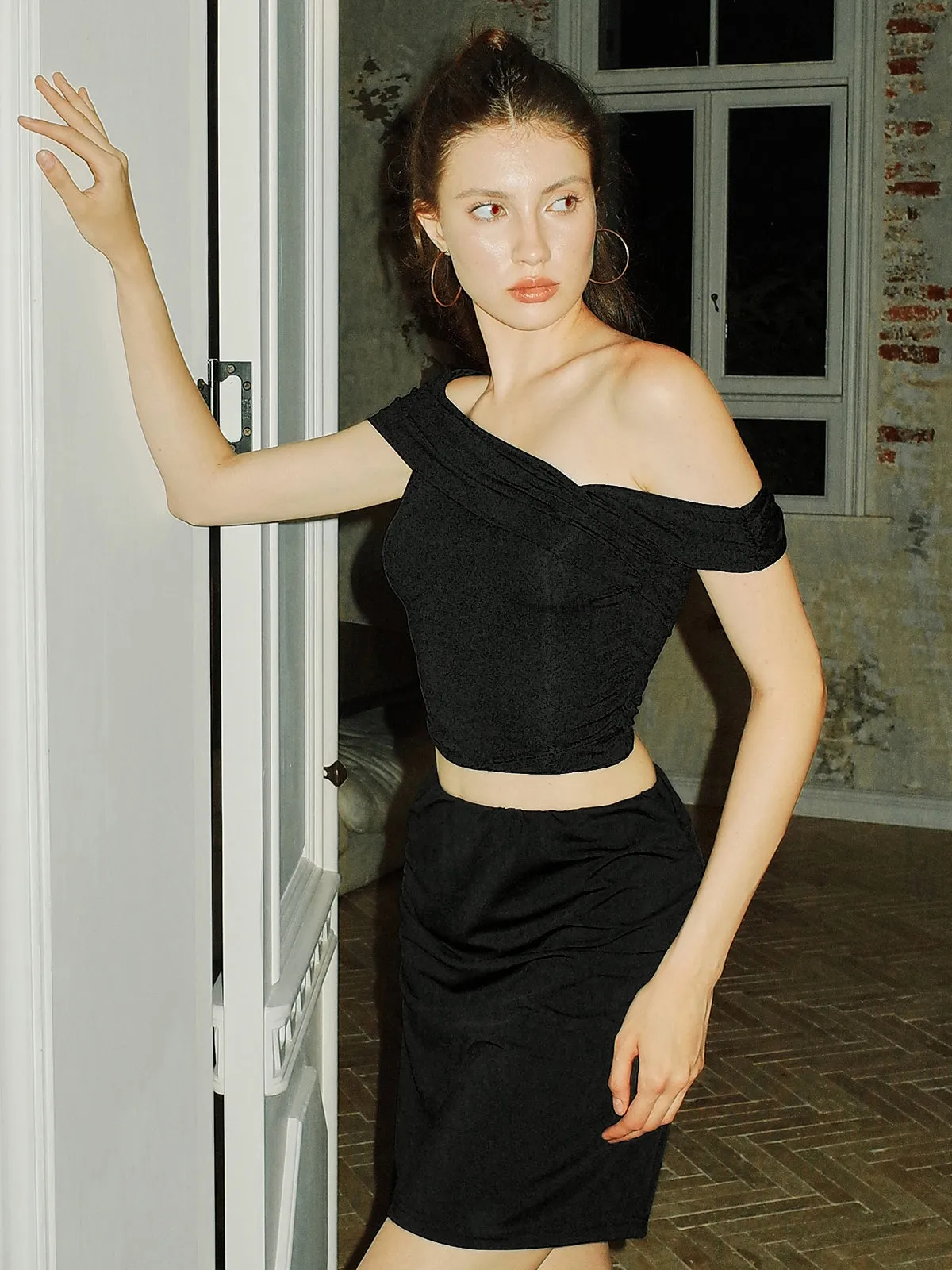 Asymmetrical Off-Shoulder Solid Skirt Set sold by COMMENSE product image thumbnail 2