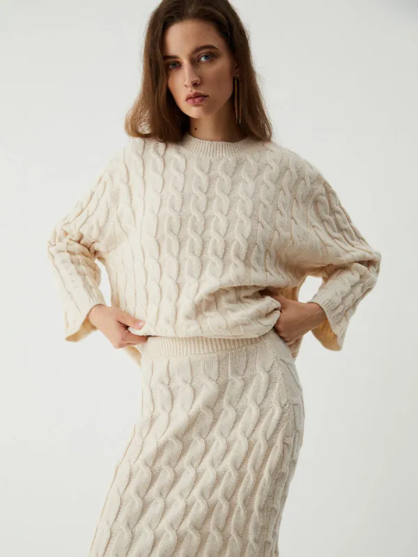 Cream Cable Knit Long Sleeve Two Piece Skirt Set sold by COMMENSE