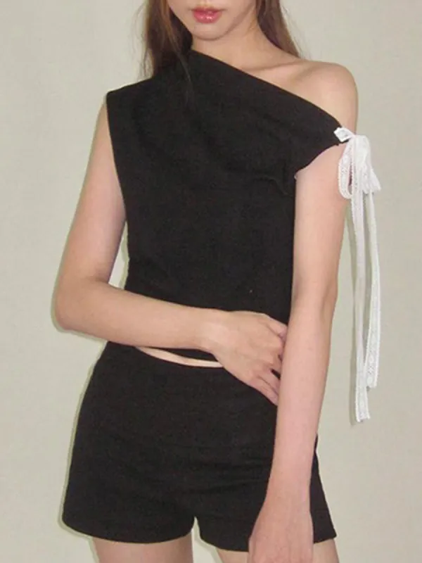 Asymmetrical Neck Knotted Basic Top sold by COMMENSE