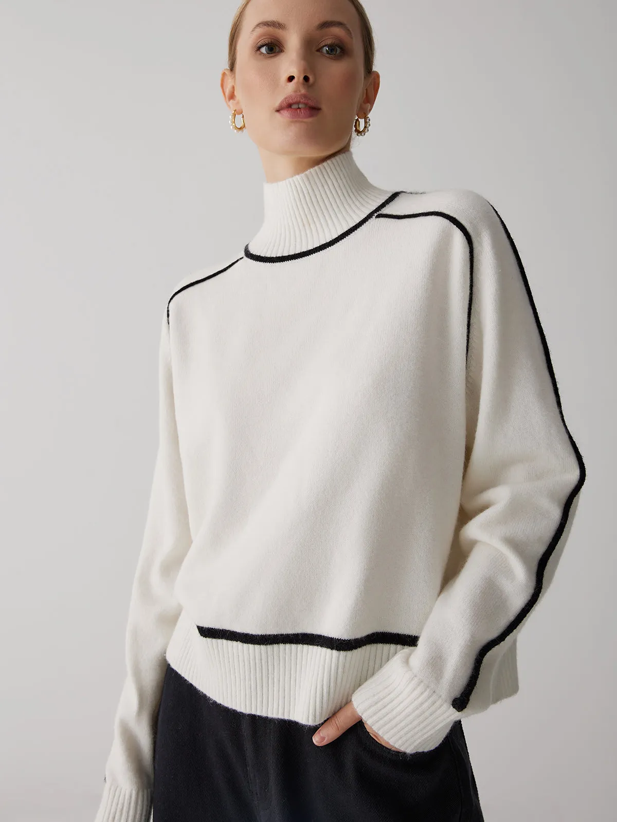 Contrast Turtleneck Long Sleeve Sweater sold by COMMENSE