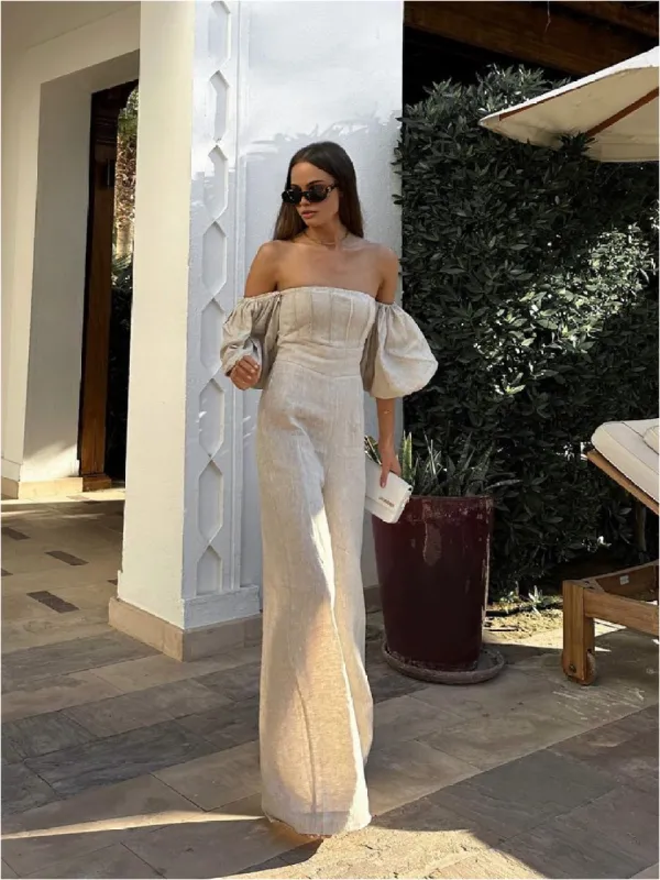 Linen Blends Puff Sleeve Jumpsuit sold by COMMENSE