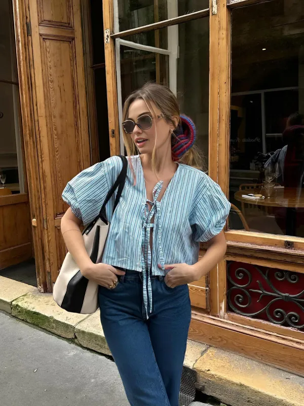 Stripe Tie Neck Blouse sold by COMMENSE