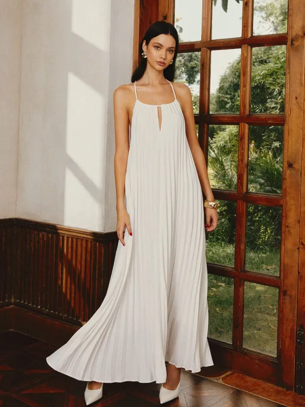 Pleated Backless Tie Back Long Dress sold by COMMENSE