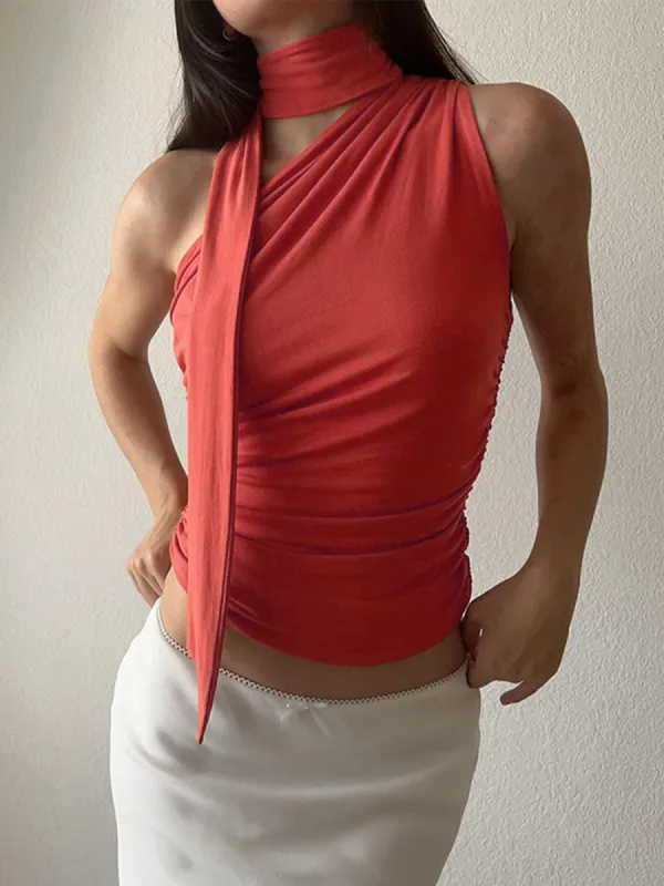 Halter Neck Asymmetrical Top sold by COMMENSE