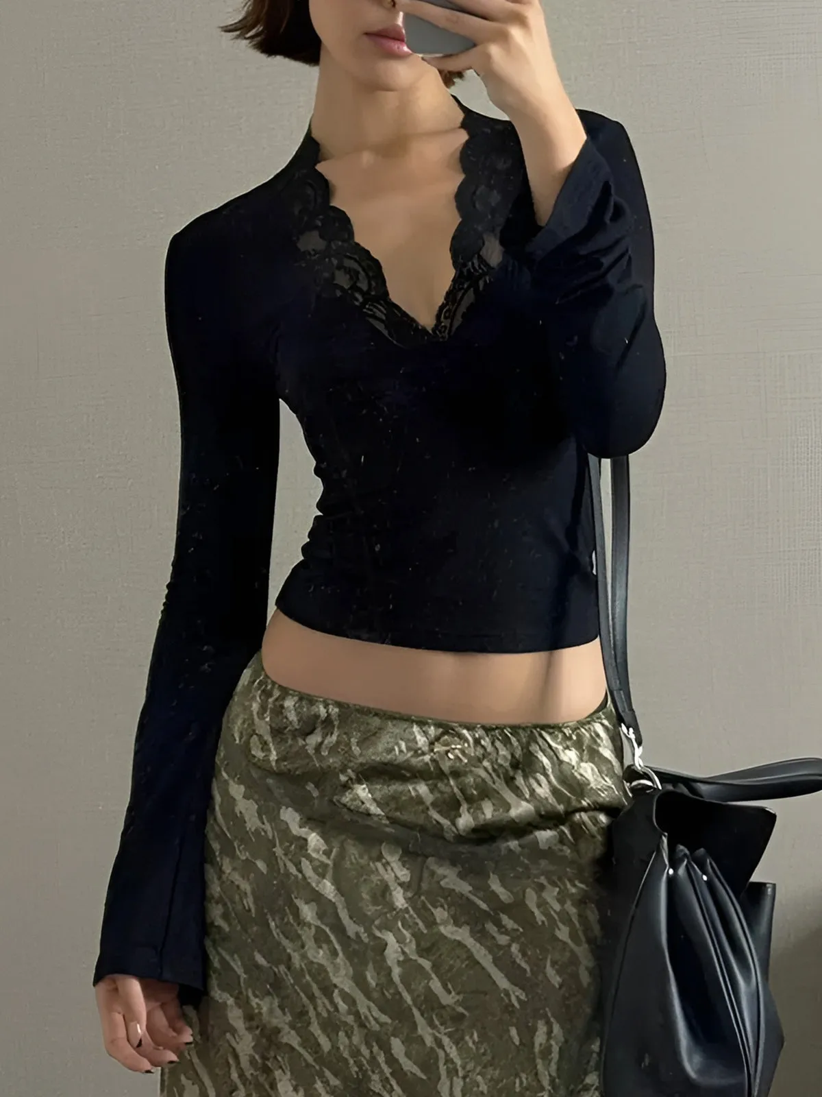 Lace Trim V-Neck T-Shirt sold by COMMENSE product image thumbnail 4