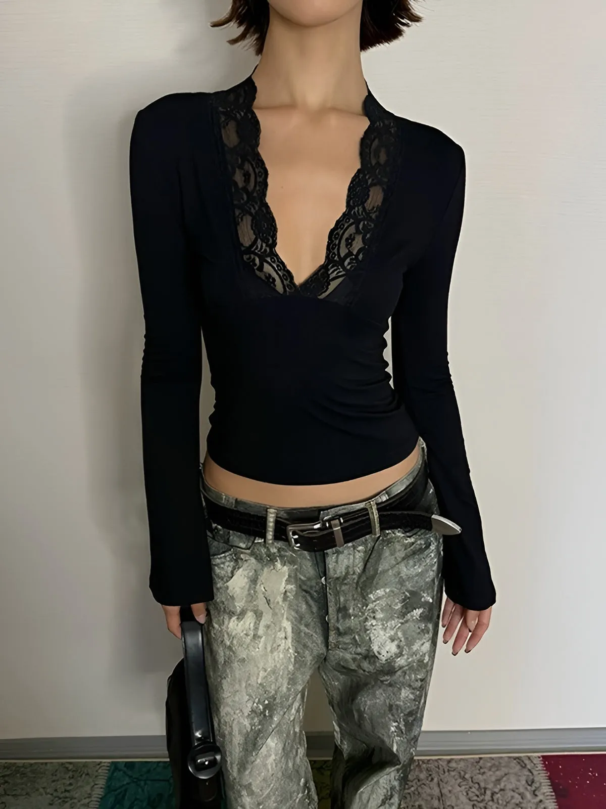 Lace Trim V-Neck T-Shirt sold by COMMENSE