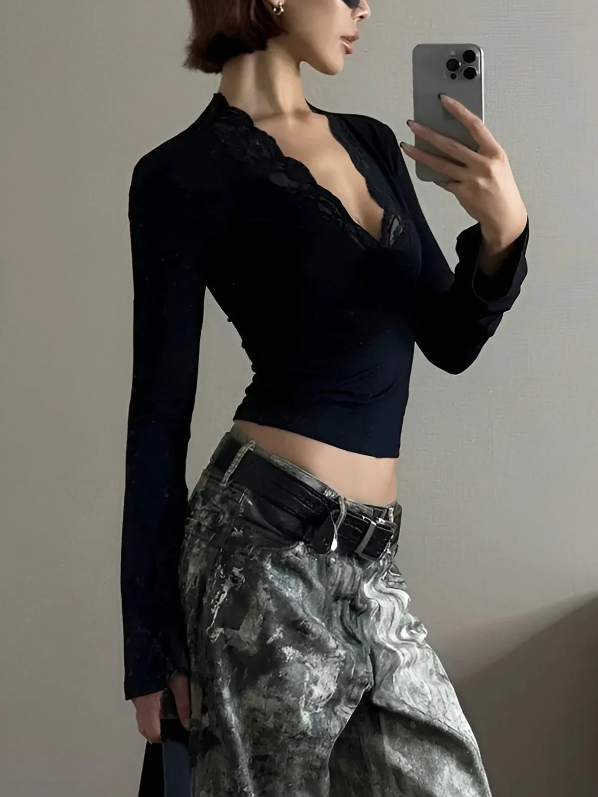 Lace Trim V-Neck T-Shirt sold by COMMENSE product image thumbnail 5