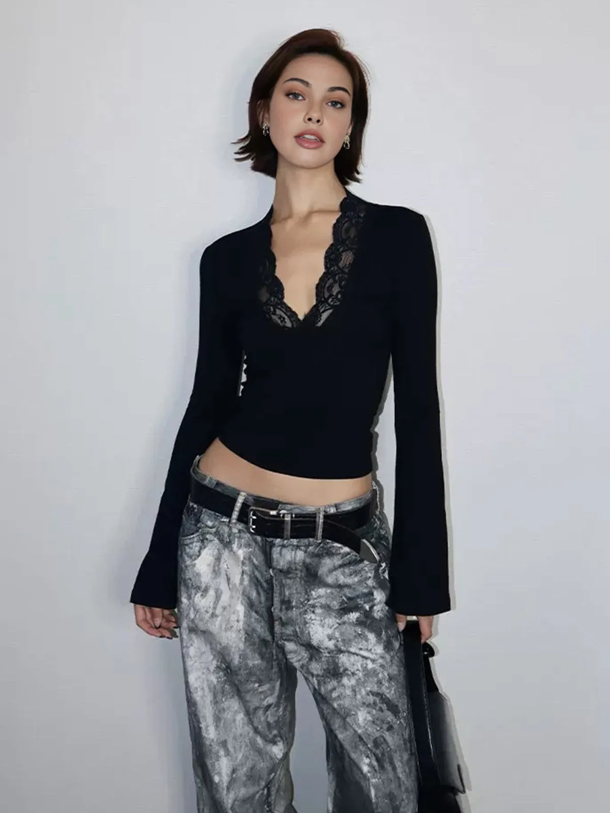 Lace Trim V-Neck T-Shirt sold by COMMENSE product image thumbnail 2