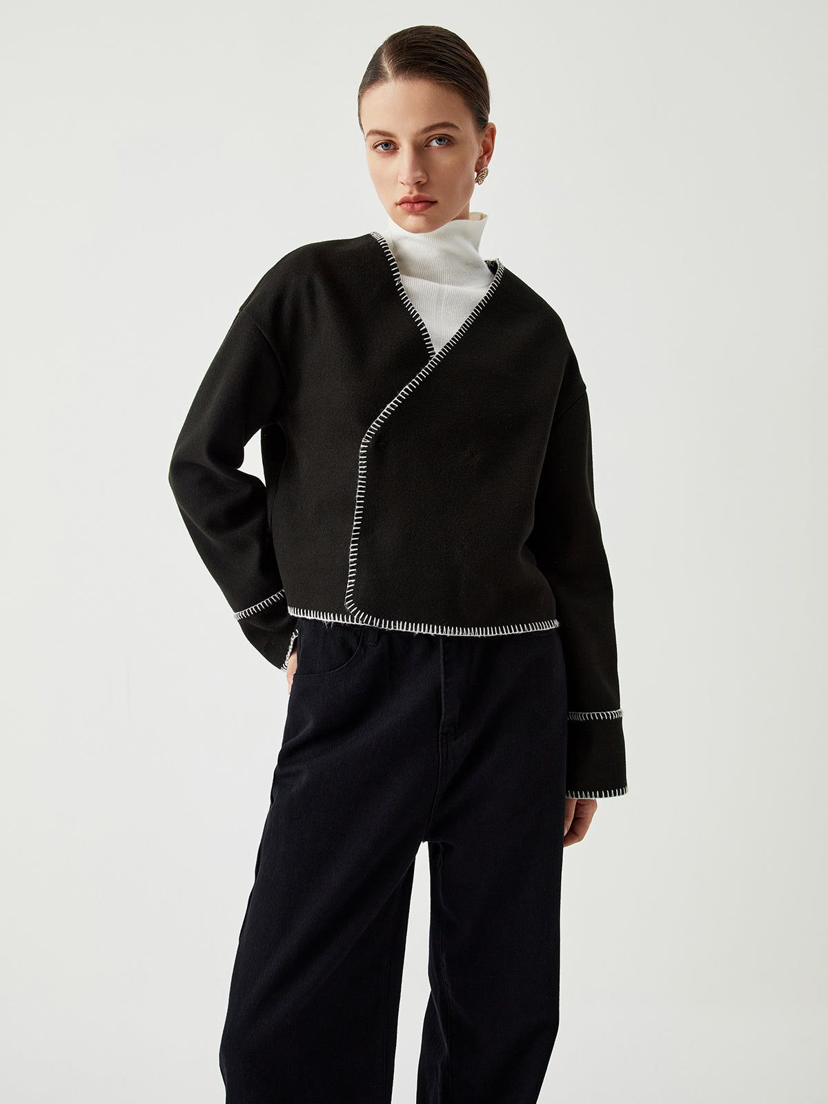 Contrast Trim Double-Breasted Short Wool Coat sold by COMMENSE product image thumbnail 5