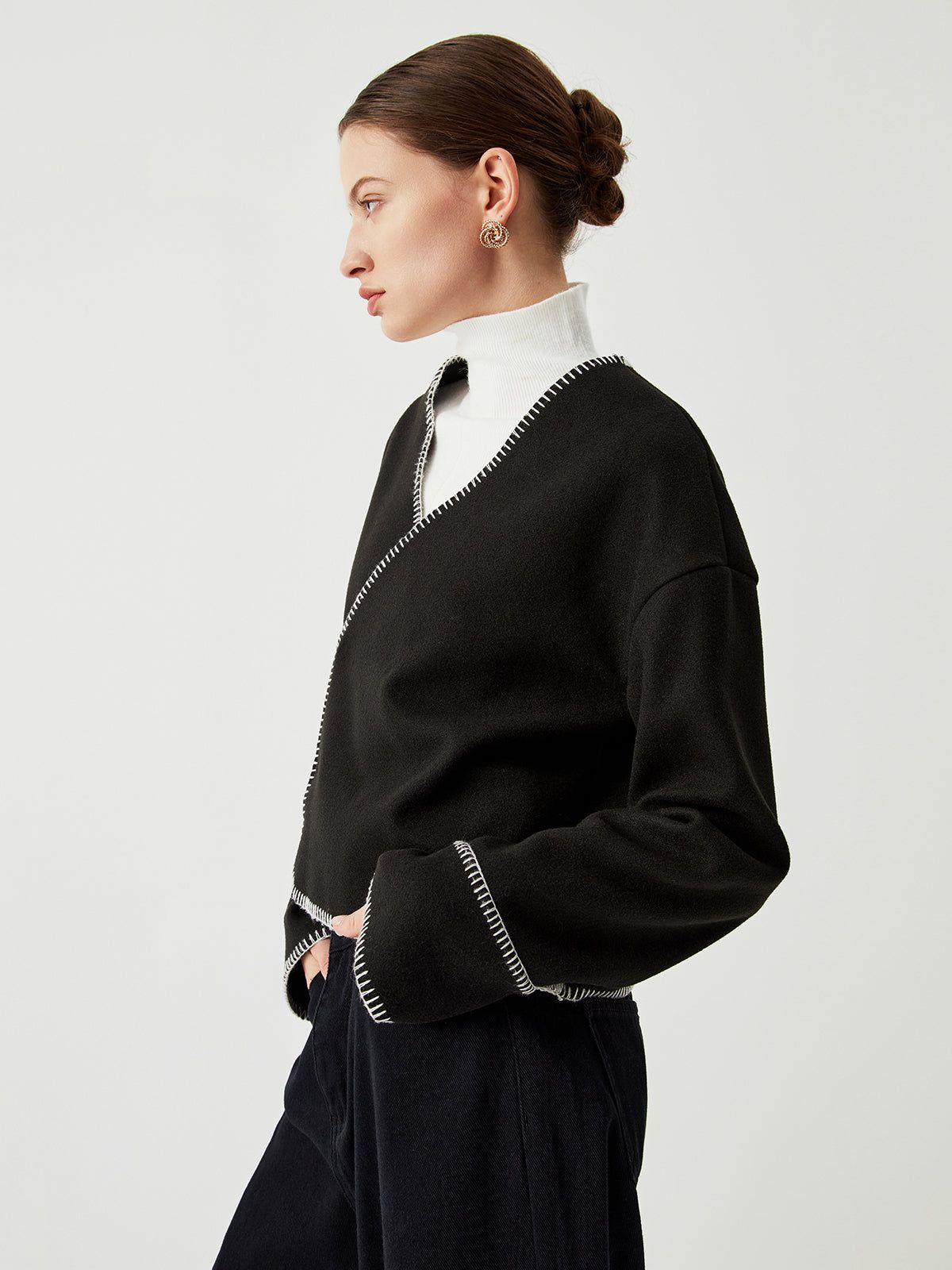 Contrast Trim Double-Breasted Short Wool Coat sold by COMMENSE product image thumbnail 2