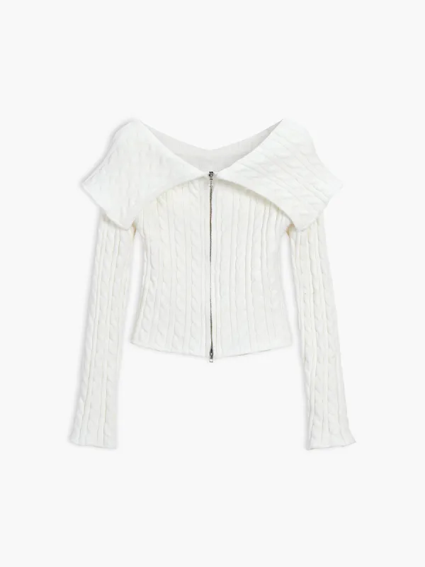 Collared Cable Knit Zippered Cardigan sold by COMMENSE