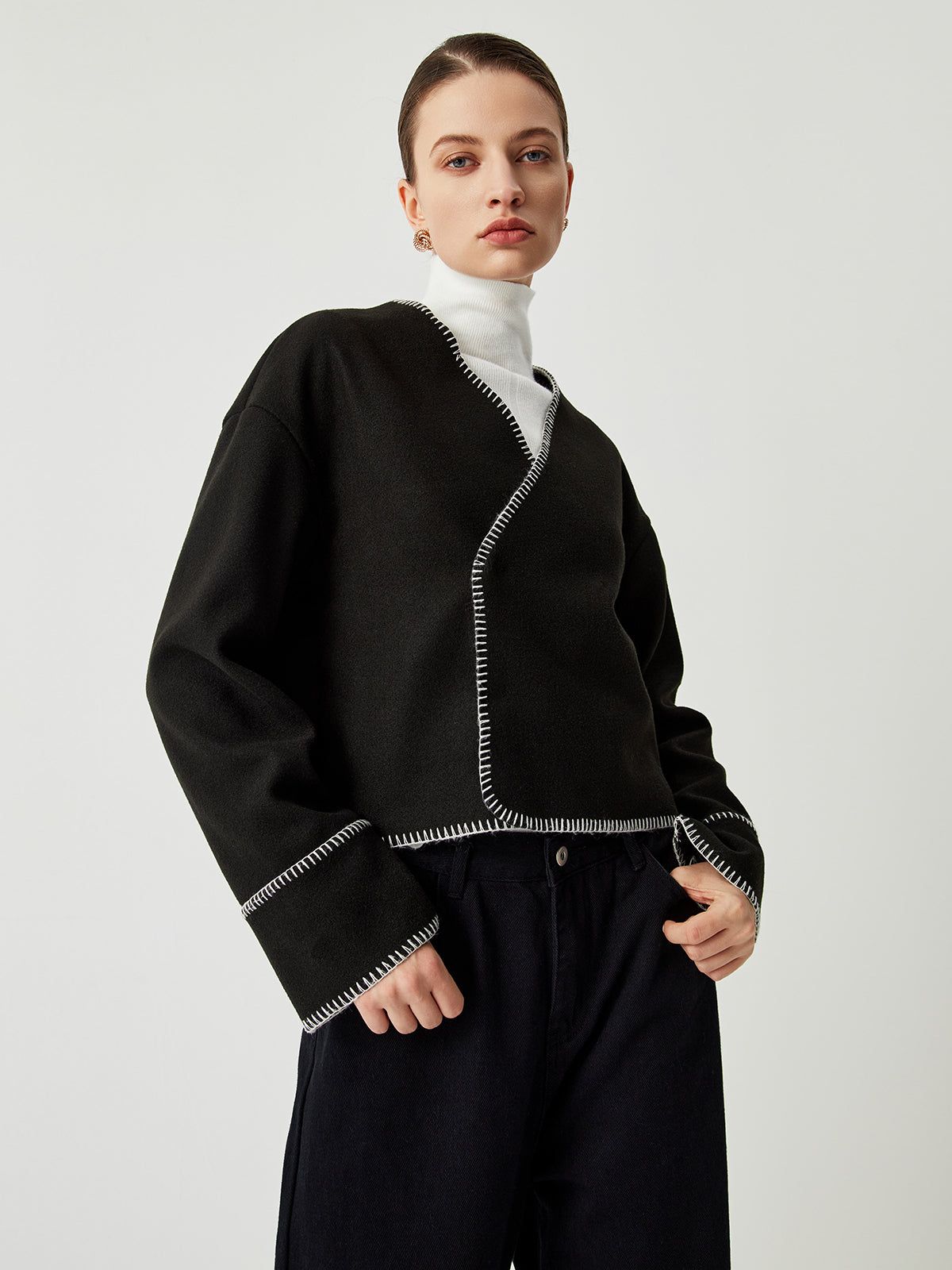 Contrast Trim Double-Breasted Short Wool Coat sold by COMMENSE product image thumbnail 4