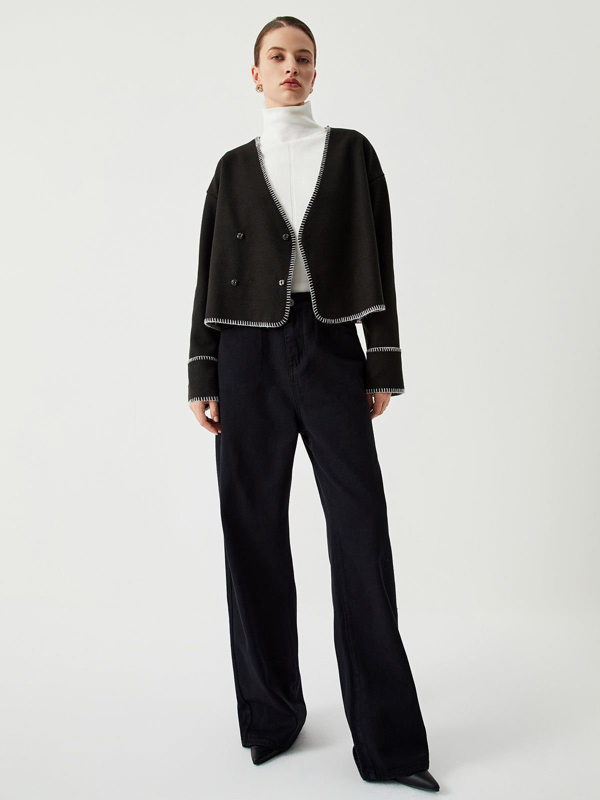 Contrast Trim Double-Breasted Short Wool Coat sold by COMMENSE