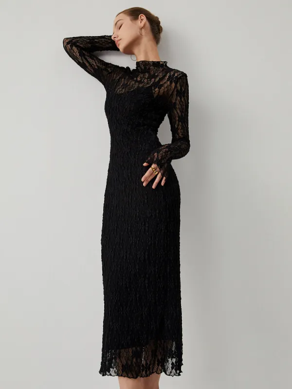 Lace Long Sleeve Mock Neck Maxi Dress sold by COMMENSE