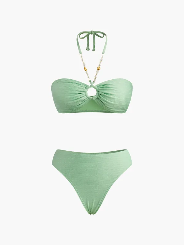 Halter Textured O-Ring Bikini Set sold by COMMENSE
