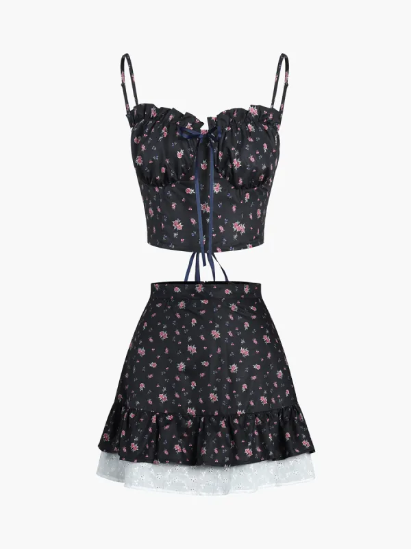 Ruffle Patchwork Backless Cami Top With Skirt Set sold by COMMENSE