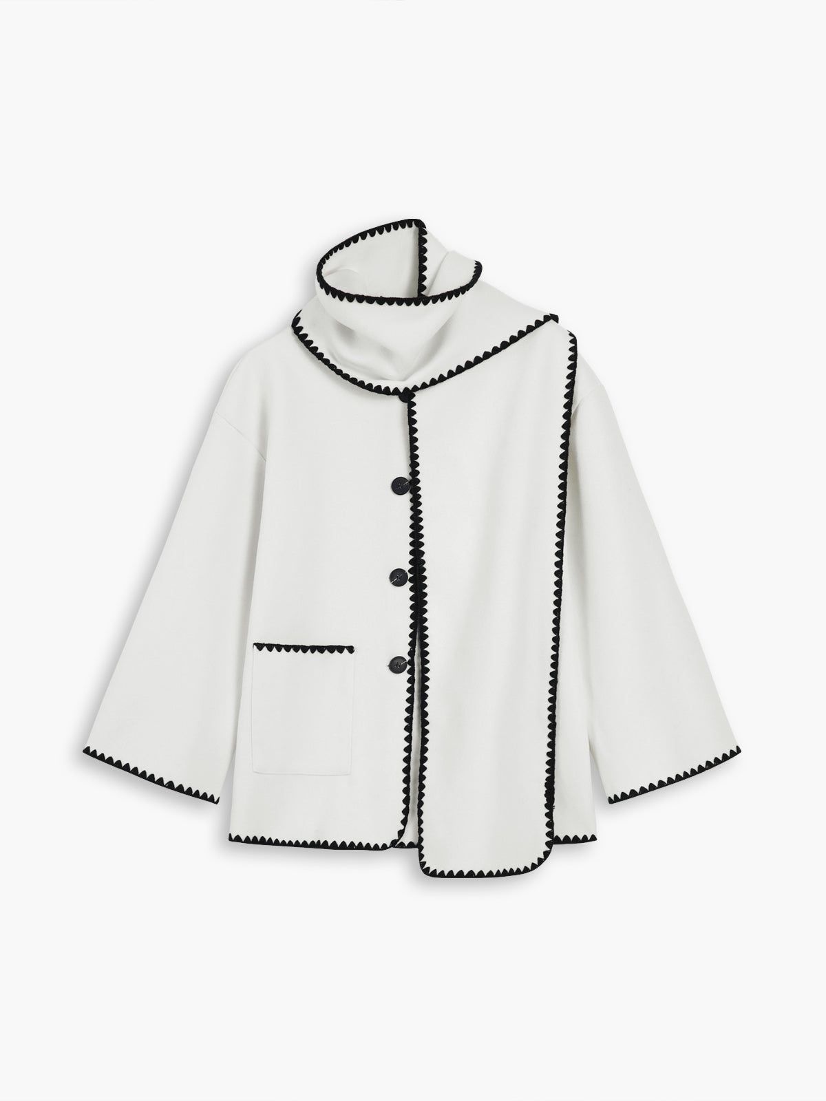 Double Pockets Embroidered Trim Coat With Matching Scarf sold by COMMENSE