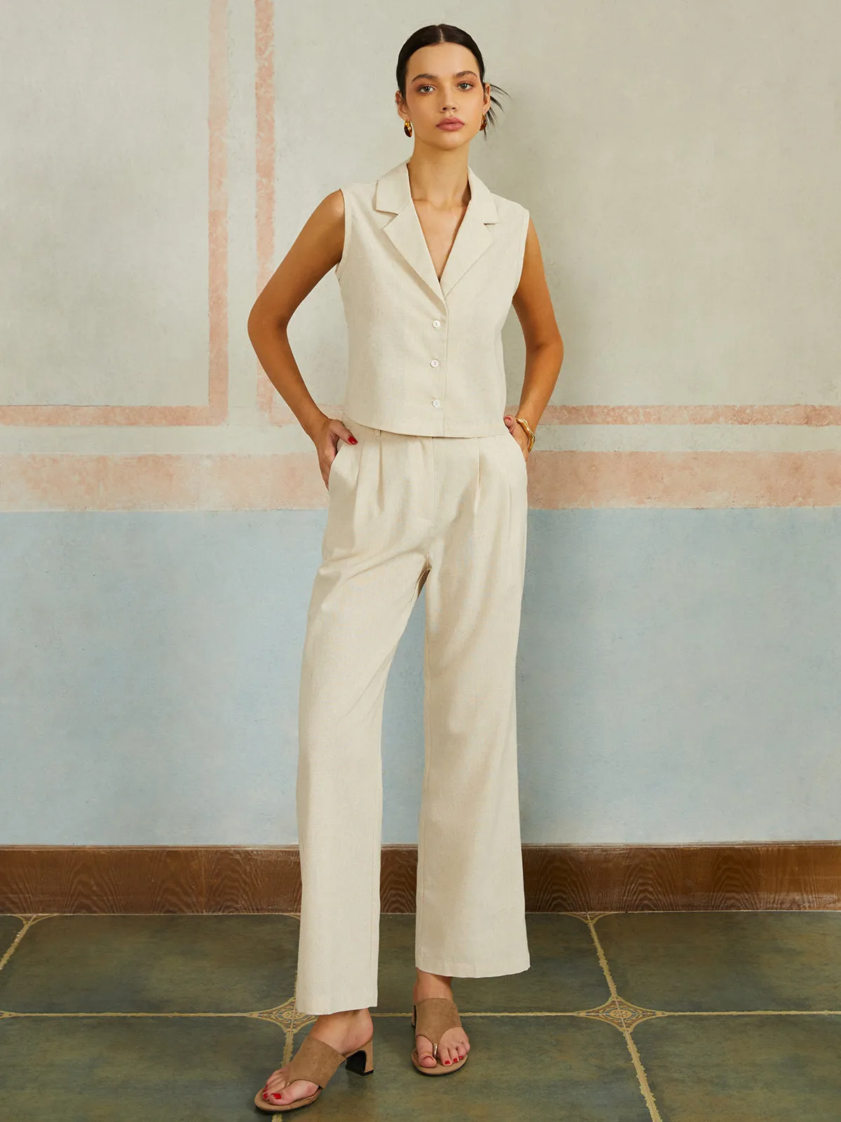 Casual Cotton & Linen Sleeveless Pants Set sold by COMMENSE product image thumbnail 3