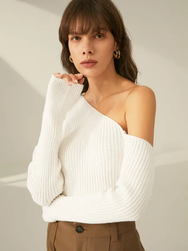 One Shoulder Long Sleeve Ribbed Pullover Sweater sold by COMMENSE
