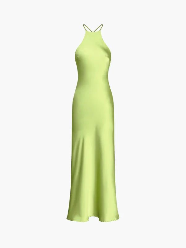 Zippered Open Back Satin Flowy Long Dress sold by COMMENSE