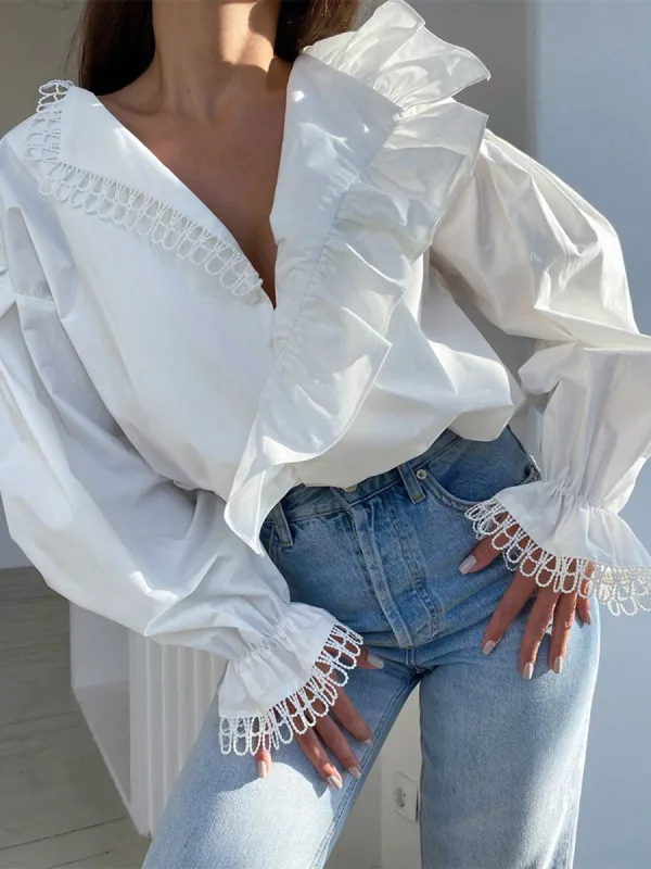 Ruffle Collar Bell Cuff Shirt sold by COMMENSE
