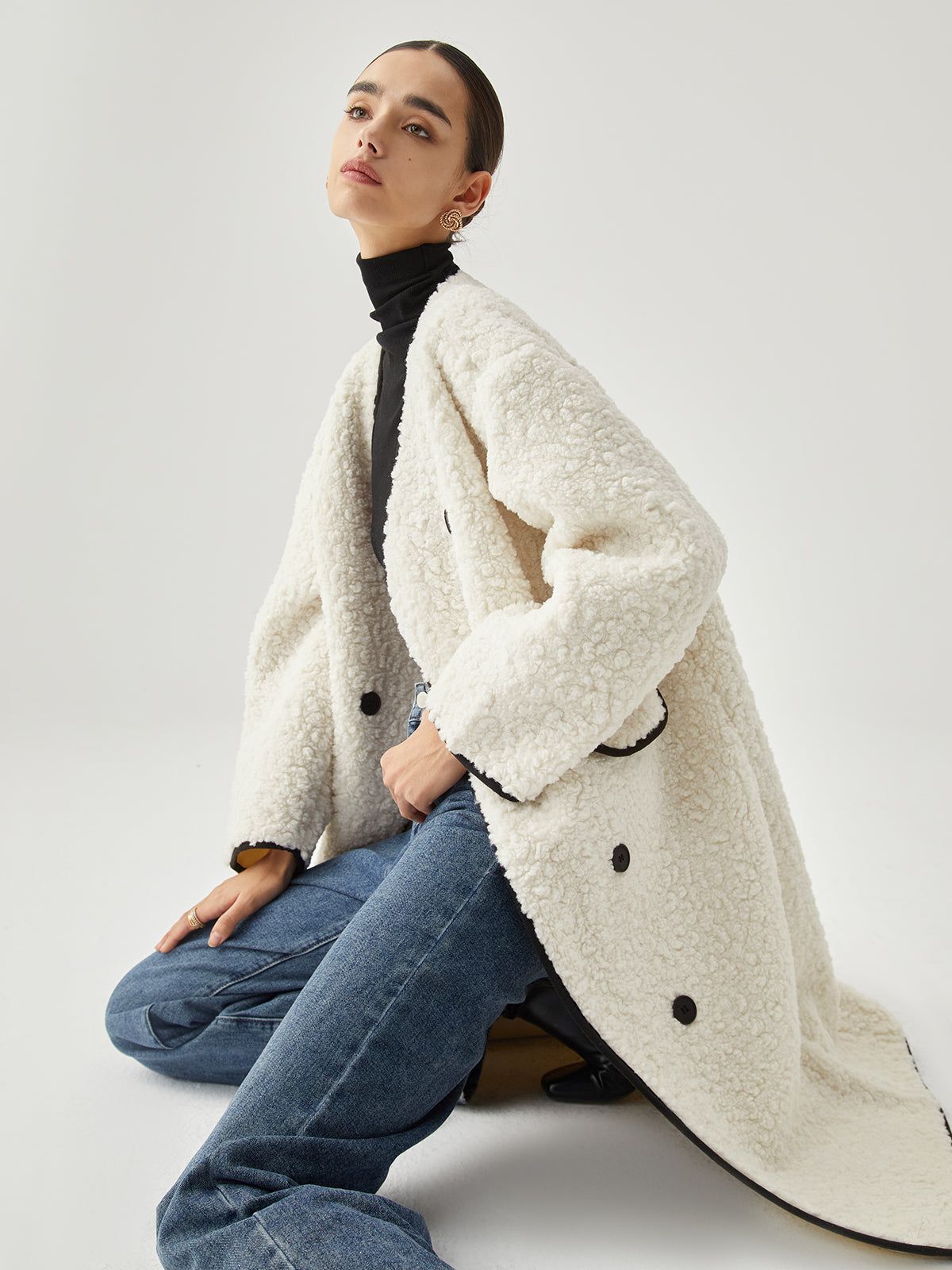 Contrast Trim Double-Breasted Fleece Coat sold by COMMENSE product image thumbnail 5