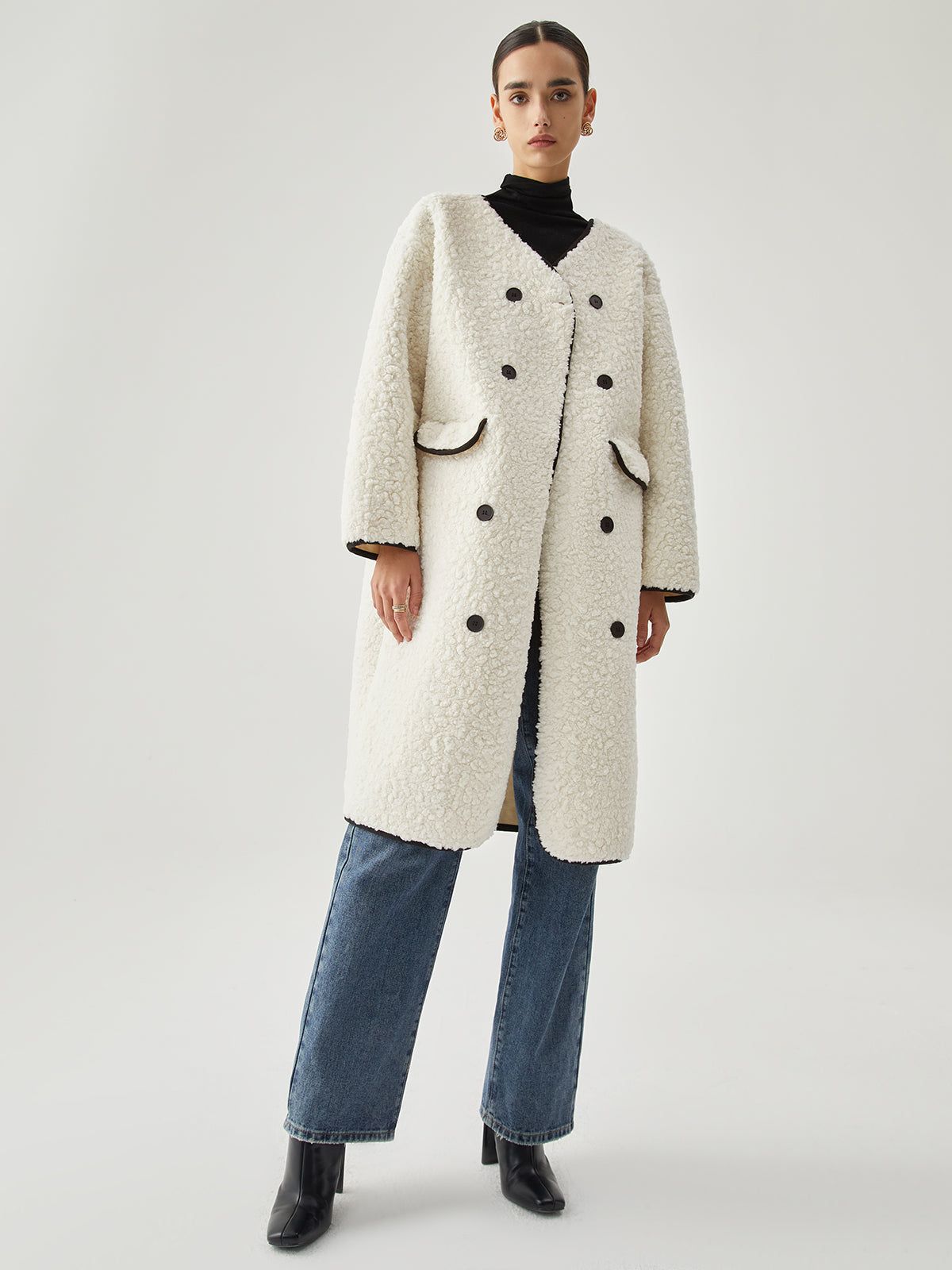 Contrast Trim Double-Breasted Fleece Coat sold by COMMENSE product image thumbnail 2