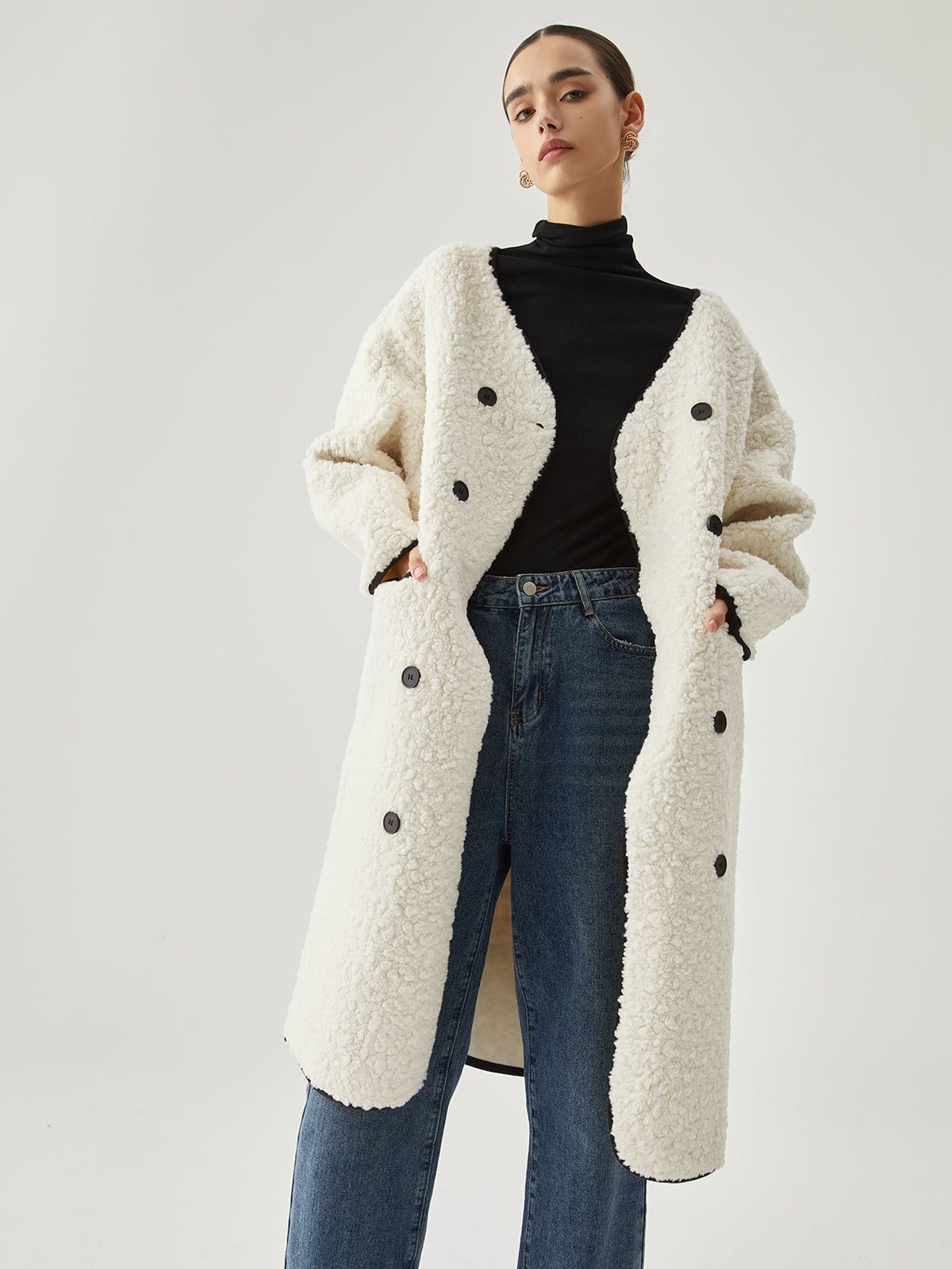 Contrast Trim Double-Breasted Fleece Coat sold by COMMENSE product image thumbnail 3