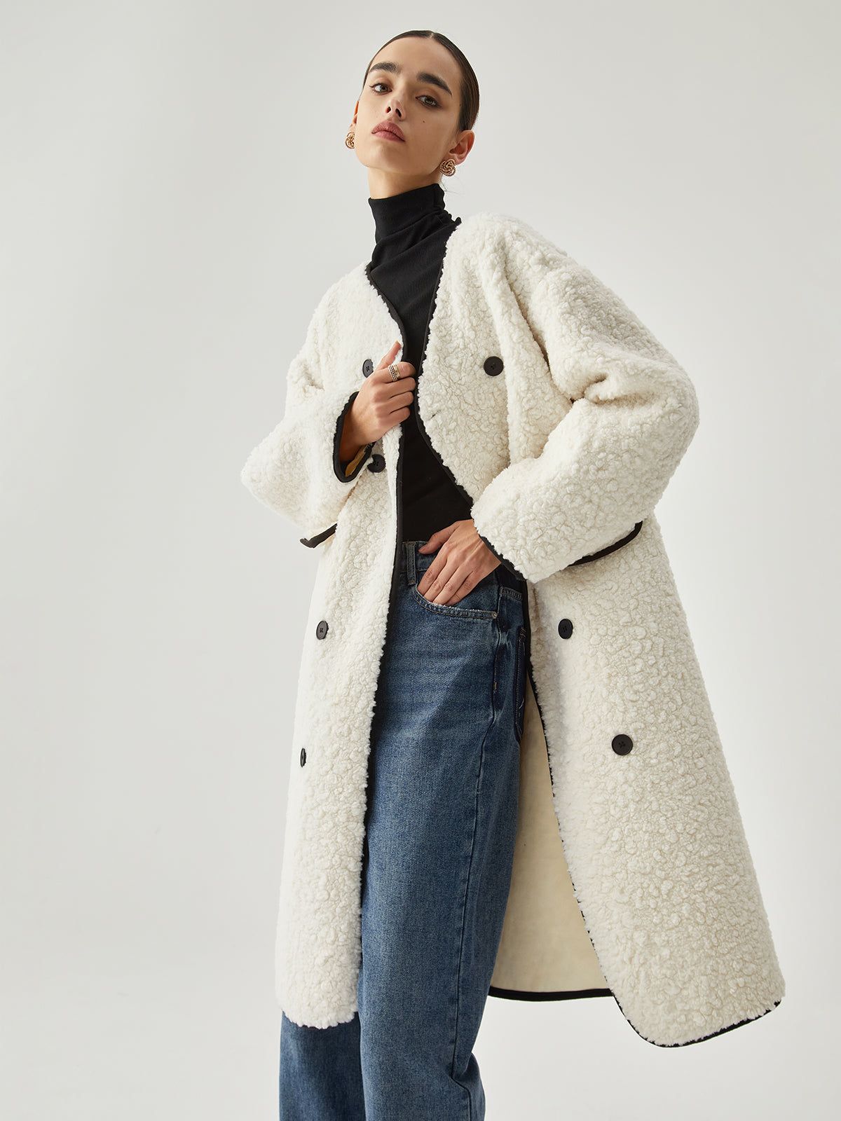 Contrast Trim Double-Breasted Fleece Coat sold by COMMENSE