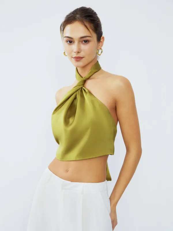 Halter Neck Twist Open Back Satin Crop Top sold by COMMENSE