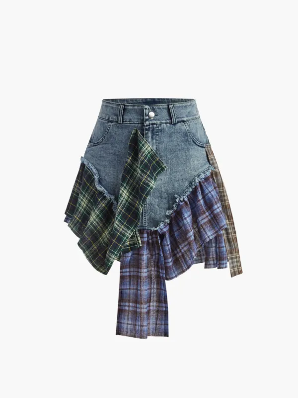 Paneled Asymmetrical Hem Denim Short Skirt sold by COMMENSE