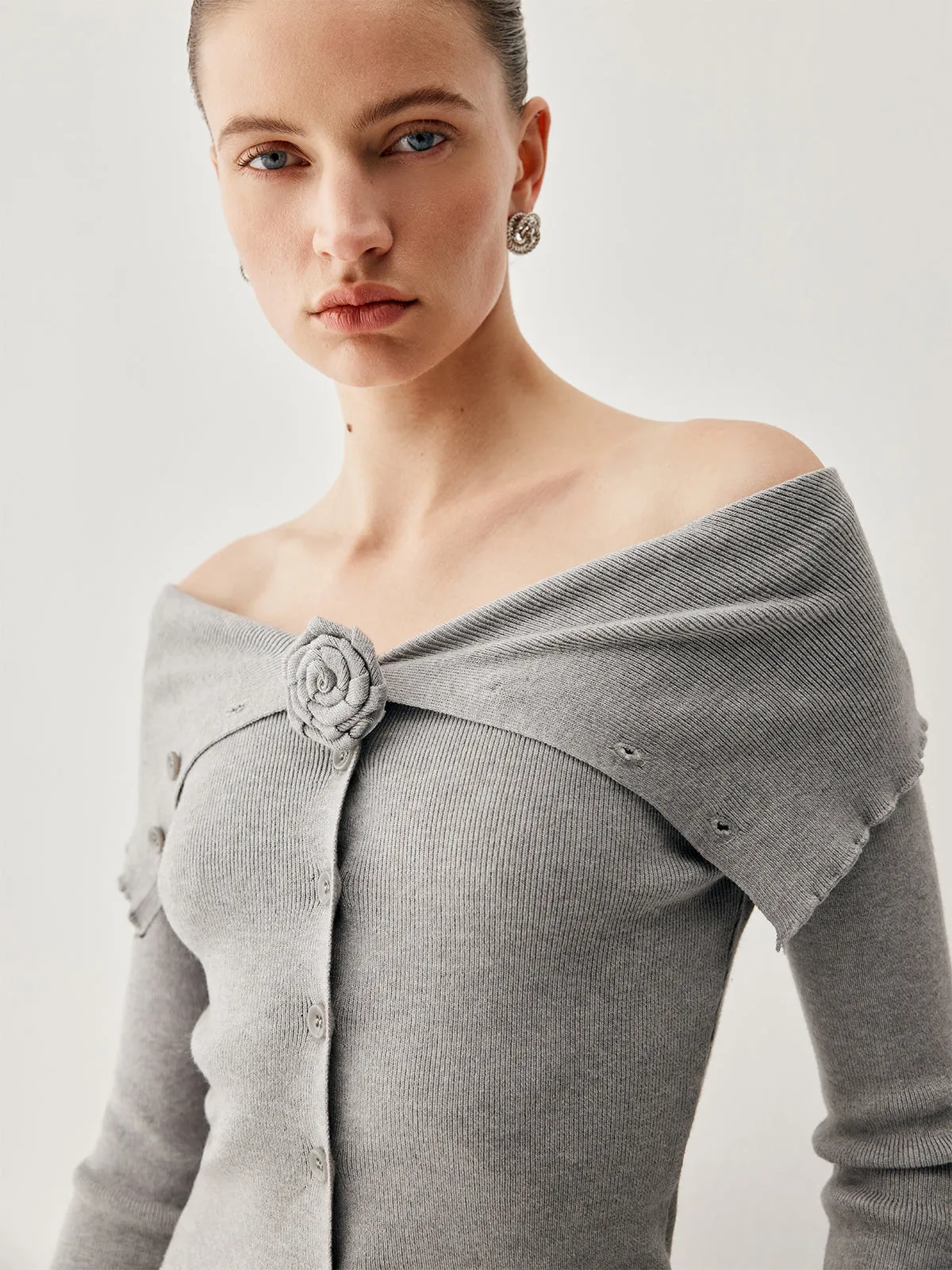 Slinky Overfold Off Shoulder Knit Floral Cardigan sold by COMMENSE product image thumbnail 4