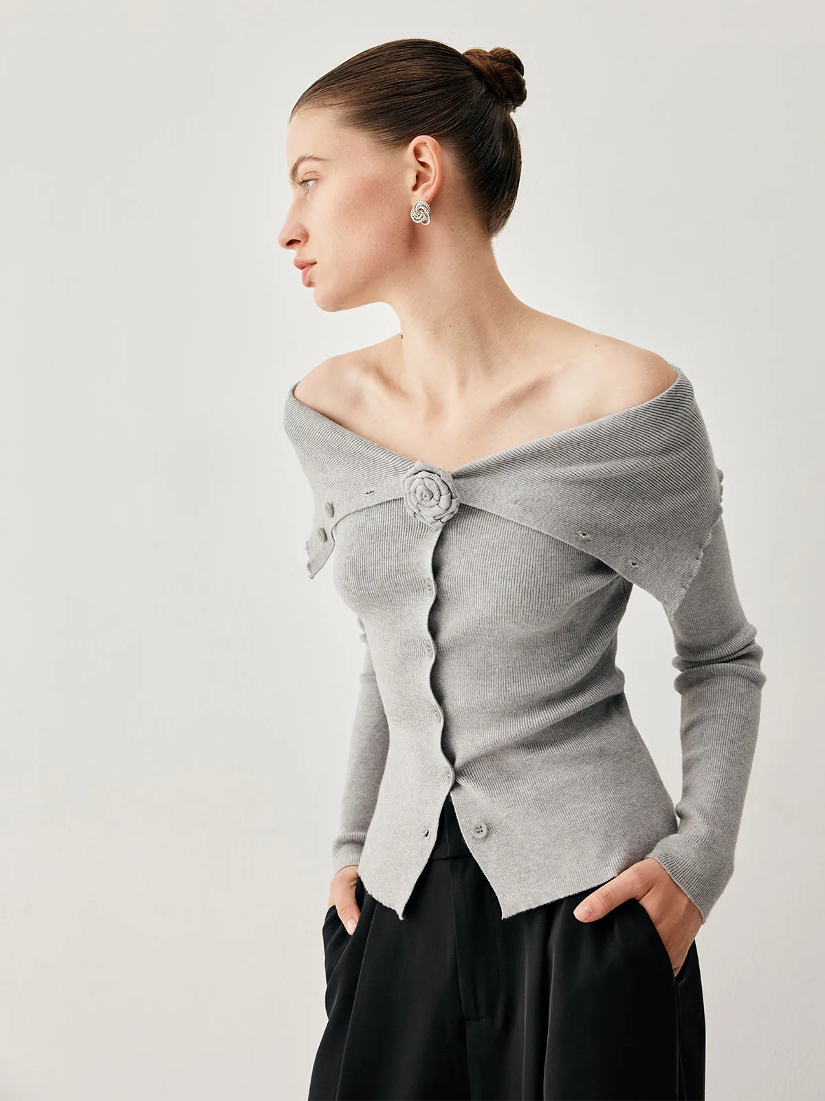 Slinky Overfold Off Shoulder Knit Floral Cardigan sold by COMMENSE