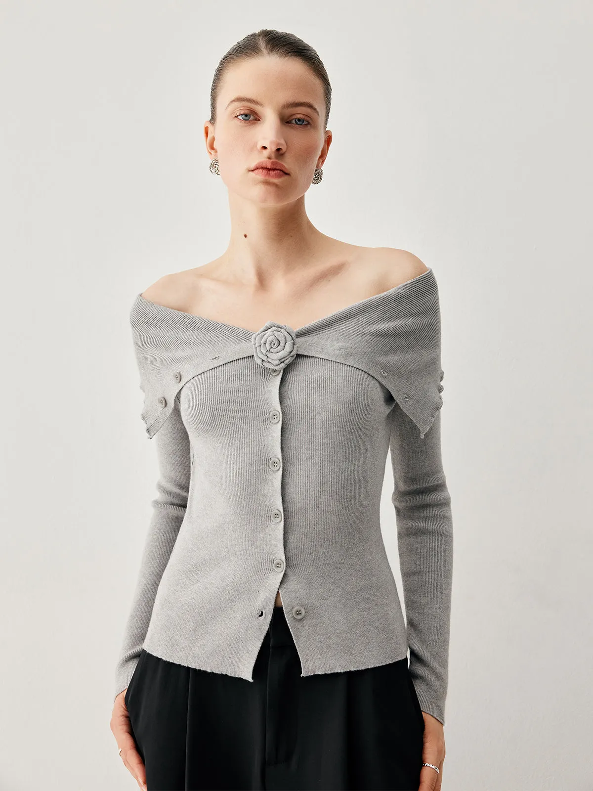 Slinky Overfold Off Shoulder Knit Floral Cardigan sold by COMMENSE product image thumbnail 2