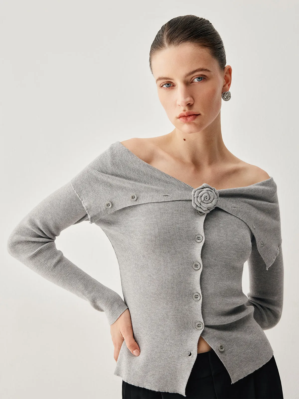 Slinky Overfold Off Shoulder Knit Floral Cardigan sold by COMMENSE product image thumbnail 3