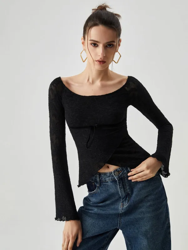 Jacquard Lace Semi-sheer Bowknot Crossover Blouse made by COMMENSE