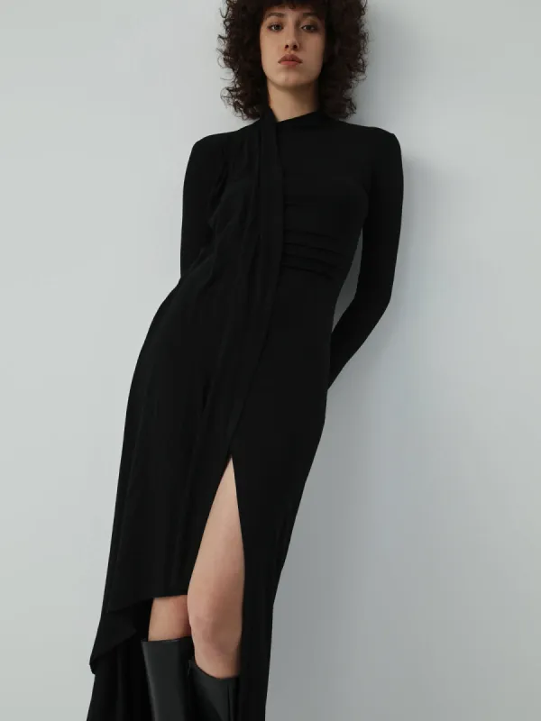 Asymmetric Wrap Long Sleeve Slit Long Dress sold by COMMENSE