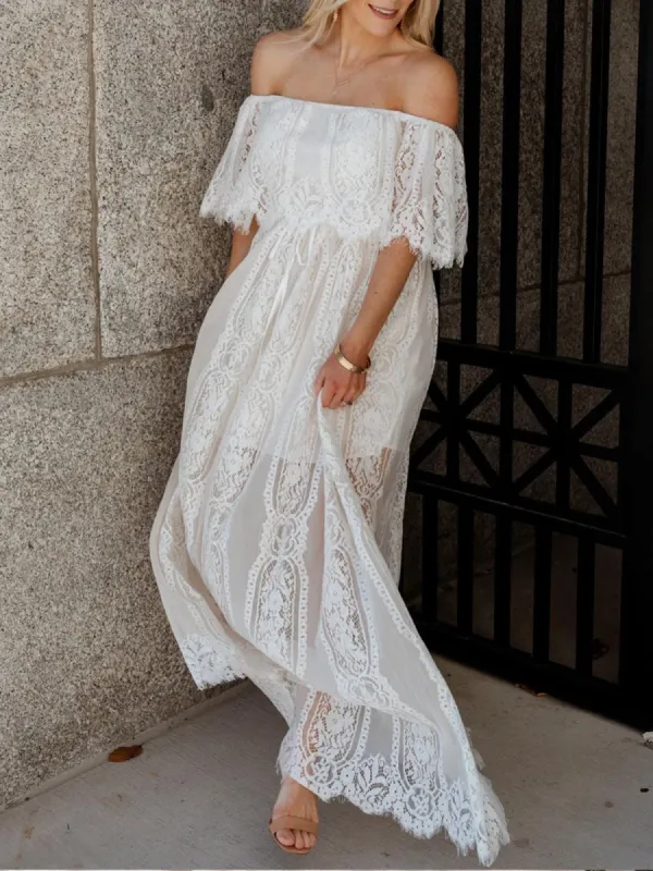 Sheer Lace Jacquard Cold Shoulder Long Dress sold by COMMENSE