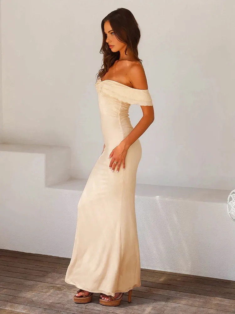 Off Shoulder Ruffle Satin Long Dress sold by COMMENSE product image thumbnail 3