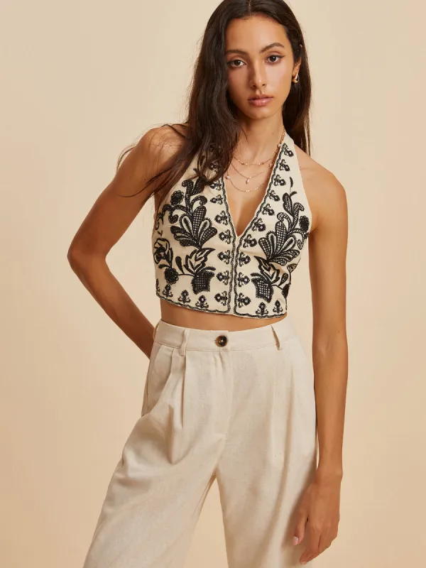 Embroidery Print V-Neck Halter Top sold by COMMENSE