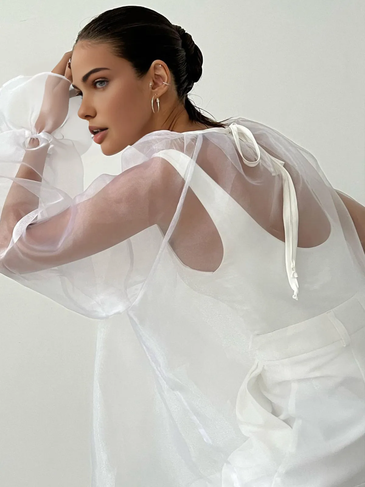 Mesh Sheer Back Knotted Shirt sold by COMMENSE product image thumbnail 3