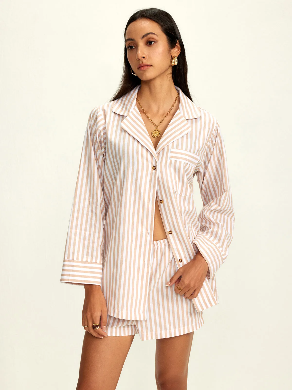 Cotton Blends Lapel Pinstripe Shorts Set sold by COMMENSE