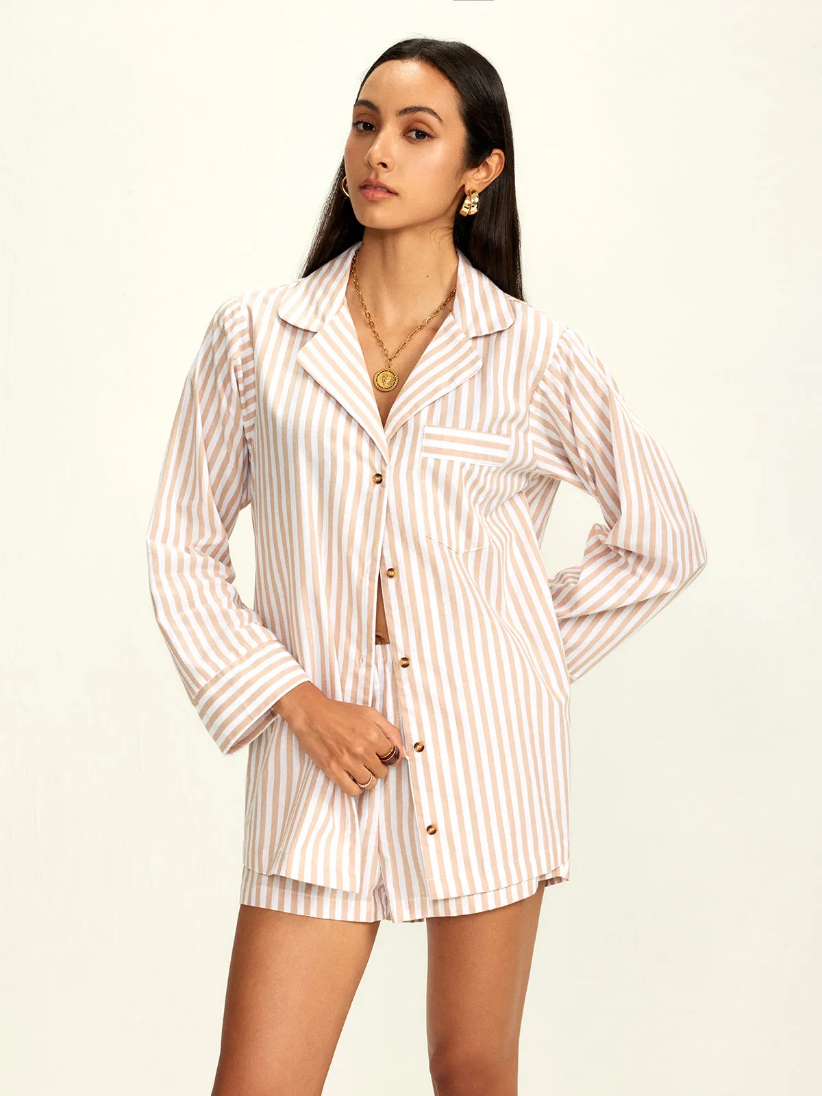 Cotton Blends Lapel Pinstripe Shorts Set sold by COMMENSE product image thumbnail 2